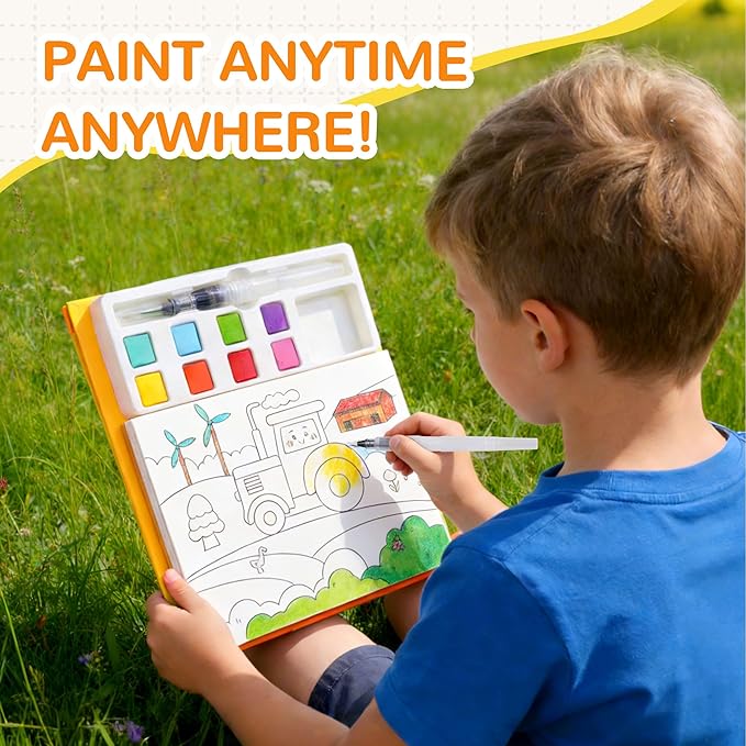 YPLUS Paint with Water Coloring Book for Toddlers, Mess Free Watercolor Painting Set with Brush, 26 Pages & 8 Color Palettes, DIY Art Craft Travel Toy Gift for Kids Ages 1-3 2-4 4-6 (Vehicles)