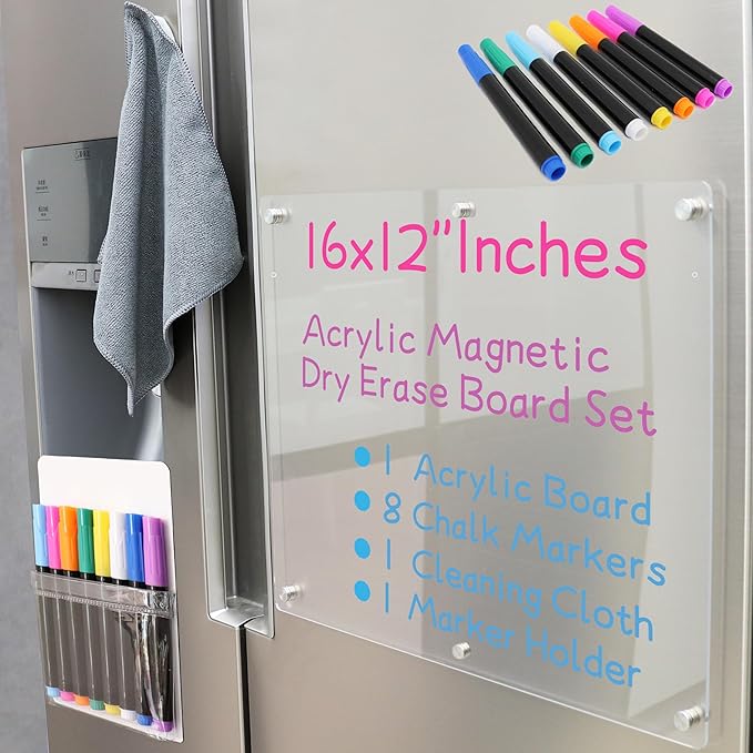 Acrylic Magnetic Dry Erase Board for Fridge 16"x12" Magnetic Whiteboard for Refrigerator Clear Acrylic Board Magnet White Board for Fridge Wall 8 Markers