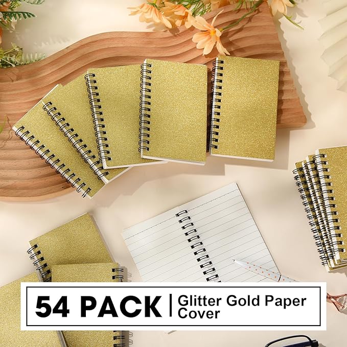 Jutom 54 Pcs Small Spiral Notebooks Memo Pads 3x5 Bulk Small Pocket Notebooks Mini Notepads with Lined Pages Mini Journals for Office School Work Supplies, 120 Pages (Gold)