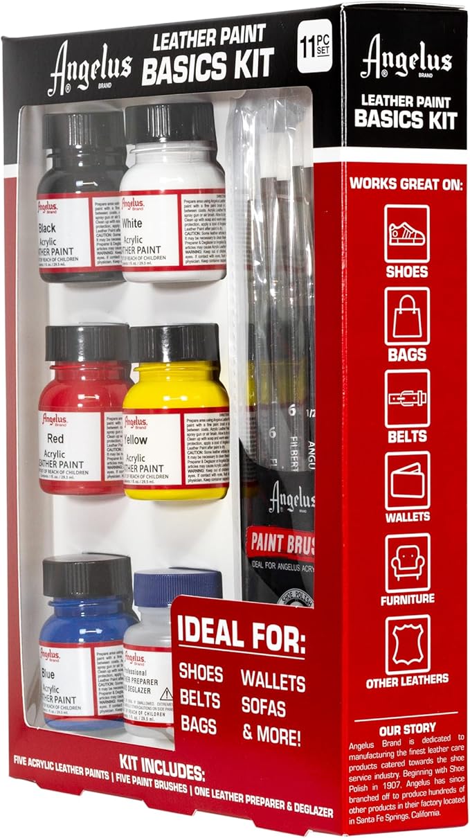 Angelus Leather Paint Basics Kit – Acrylic Leather Paint Set with 5 Colors (1 oz. each), Preparer & Deglazer and Paintbrushes