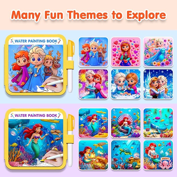 ZHOC Reusable Water Painting Books for Kids – 2 Pack Magic Water Reveal Coloring Books with Water Pens (Ice World & Mermaid) No-Mess Coloring Book Fun Travel Activity for Ages 3 4 5 6 7 8