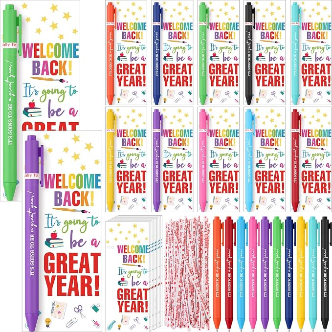 MotiMind 100 Set Welcome Back To School Supplies Gift Bulk Include Greeting Card with Tie and Inspirational Ballpoint Pen First Day of School Gift for Student Classmate Teacher Classroom (Vivid Color)