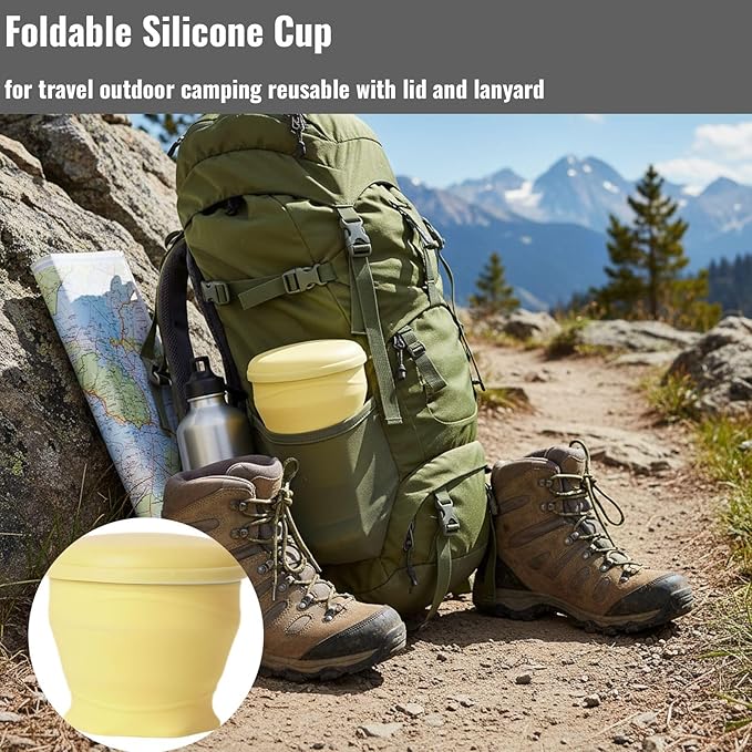 Foldable Silicone Cup for Travel Outdoor Camping Reusable foldable Mug with Lid and Lanyard