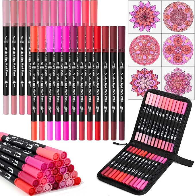 Red&Pink Dual Tip Brush Pen,Colored Fine & Brush Calligraphy Pens,Dual Tip Pink Markers for Adult Coloring Books Drawing Planner Calendar Art Sketch Outlining Sketching Calligraphy
