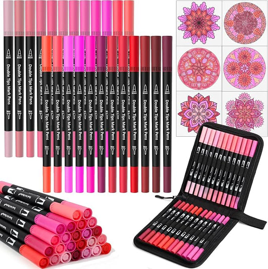 Red&Pink Dual Tip Brush Pen,Colored Fine & Brush Calligraphy Pens,Dual Tip Pink Markers for Adult Coloring Books Drawing Planner Calendar Art Sketch Outlining Sketching Calligraphy