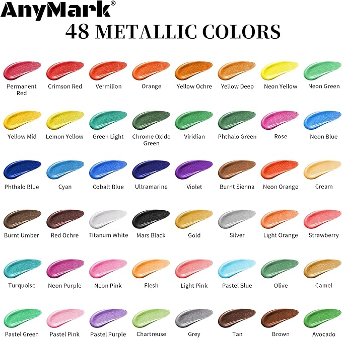 AnyMark Metallic Acrylic Paint, 48 Colors with 12 Brushes, 2 fl oz/60ml Bottles, Glitter Acrylic Paint Set for Kids Adults Canvas, Rock, Wood