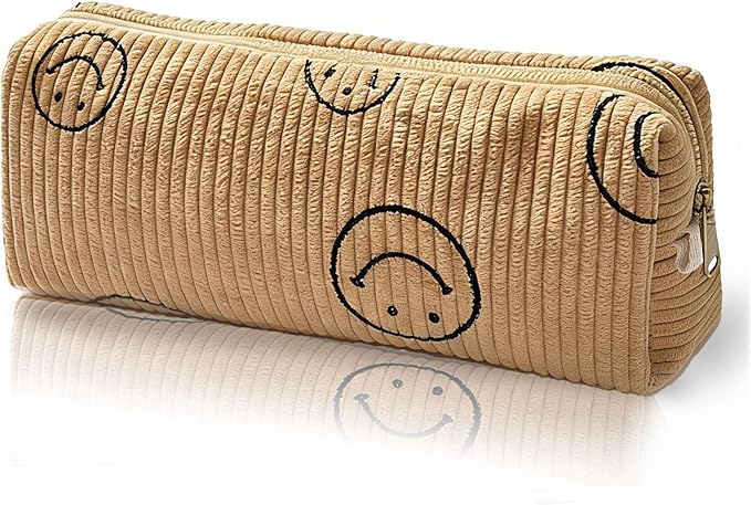 Pencil Pouch Cute Pencil Case Office Storage Bag Holder Box Organizer Aesthetic Bow Flower Pattern Makeup Pouch Cosmetic Bag for Women (KHAKI SMILE)