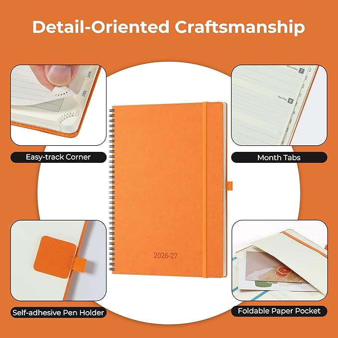 Planner 2026-2027 Daily Weekly and Monthly,11.5"x8.5",18 Months Spiral Bound Calendar Agenda with Self-adhesive Pen Holder,2026 Academic Plan with Vegan Leather Soft Cover,Orange