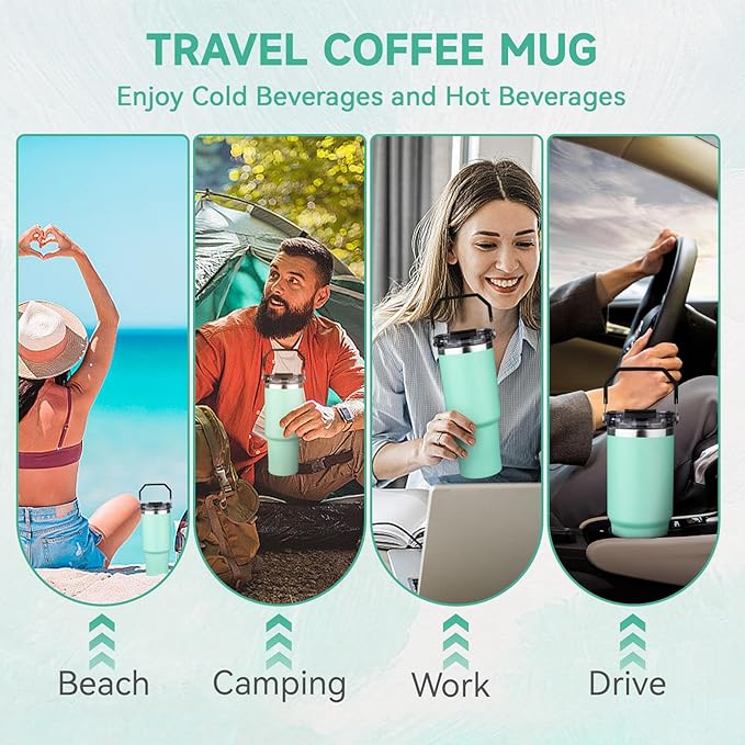 30oz Tumbler with Handle and Flip Straw Lid Double Wall Insulated Travel Coffee Mug Stainless Steel Vacuum Insulated Coffee Tumbler Cup for Hot and Cold Beverages,Leak-proof&BPA-free (30oz,Matte mint)