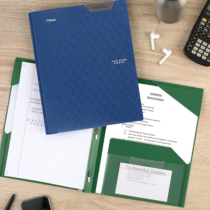 Five Star 2 Pocket Folder, Stay-Put Folder, Plastic Colored Folders with Pockets & Prong Fasteners, for Home, School Supplies & Home Office, 11” x 8-1/2”, Blue (72115) (Pack of 2)