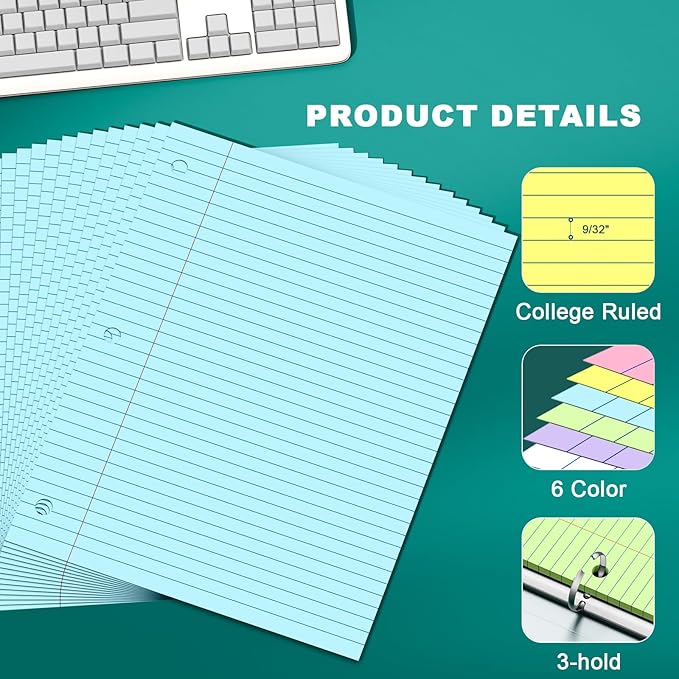 Note Pads 8 X 10.5 Loose Leaf Paper, 120Sheets, 3 Hole Punched Lined Paper, College Ruled 8 X 10.5 Notebooks, 10-1/2" X 8 Binder Writing Pads, Filler Paper For Engineering, Office, School Supplies