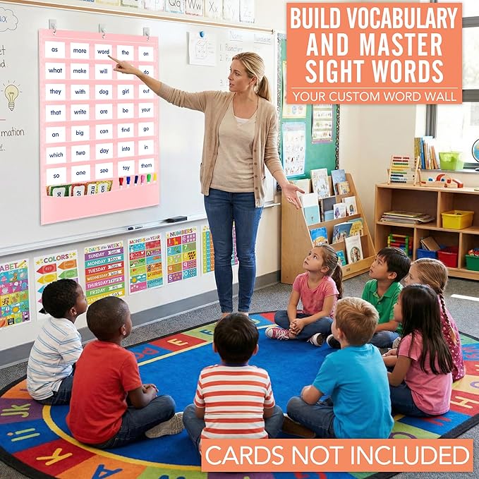Pocket Chart for Classroom - 7+1 Pink Pocket Chart for Alphabet Learning Word Wall Calendar Daily Schedule Sentence Strips Sticker Display, Teacher Supplies for Preschool Elementary & Home