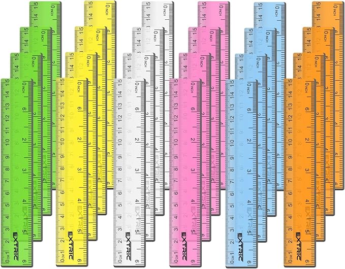 Rulers 6 Inch Bulk Classrom, 24 Count Rulers for Kids Assorted Colors, Clear Ruler Metric and Inches, Shatterproof Mini Ruler for Kids