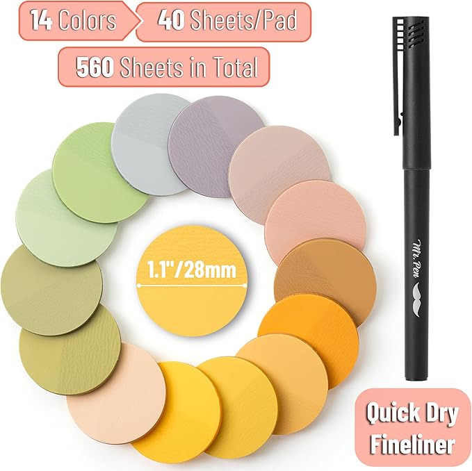 Mr. Pen- Round Transparent Sticky Notes, 1.1” Diameter, 14 Pads, 560 Sheets, Colorful, Water-Resistant See-Through Sticky Notes & Fineliner, Smooth Writing, Note Tabs for Bible Journaling, Studying