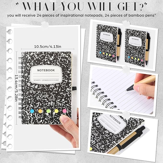 Dunzoom 24 Sets Spiral Notebook Bulk, Steno Pads Lined Notepad with Pen, Sticky Notes Colored Index Tabs, 5.2" x 4.1" Pocket Notebook for Home Business Office Supplies, 60 Sheets (Black)