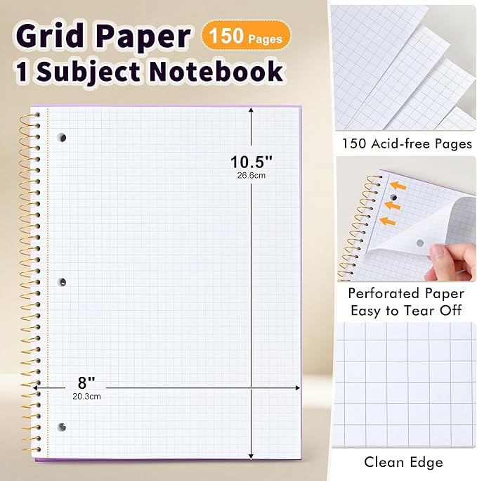 MUAHLIUB Graph Paper Notebook,1 Subject 80GSM Thick Grid Paper Notebook 8" x 10-1/2",Hardcover Spiral Notebooks for School Work Women Men, Graphing Notebook Journal for Writing,3-Hole Punched Purple