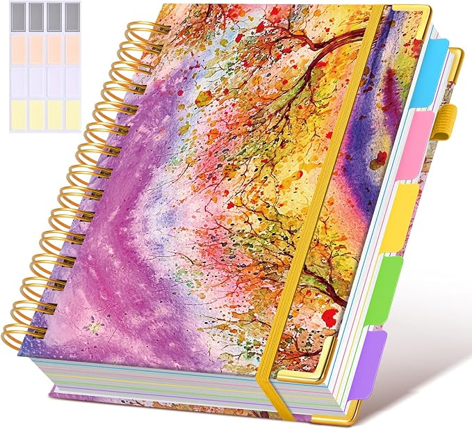 Hardcover Spiral Notebook journal with Removable Dividers Tabs, 300 Pages 5 Subject Notebook College Ruled, 100GMS Notebooks for Work School Note taking,Lined Journal for Women,A5 Autumn Tree