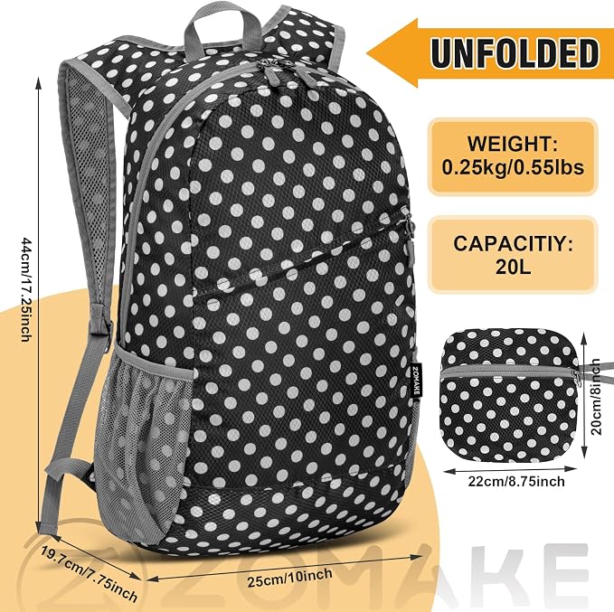 ZOMAKE Lightweight Packable Backpack 20L, Foldable Small Daypack for Hiking | Water Resistant Backpacks Day Bag for Travel Outdoor Camping Sport, Everyday Carry, Multiple Pockets(Black, White Polka Dot)