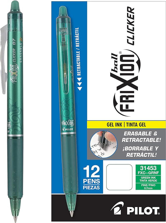 PILOT FriXion Clicker Erasable, Refillable & Retractable Gel Ink Pens, Fine Point, Green Ink, 12-Pack (31453)