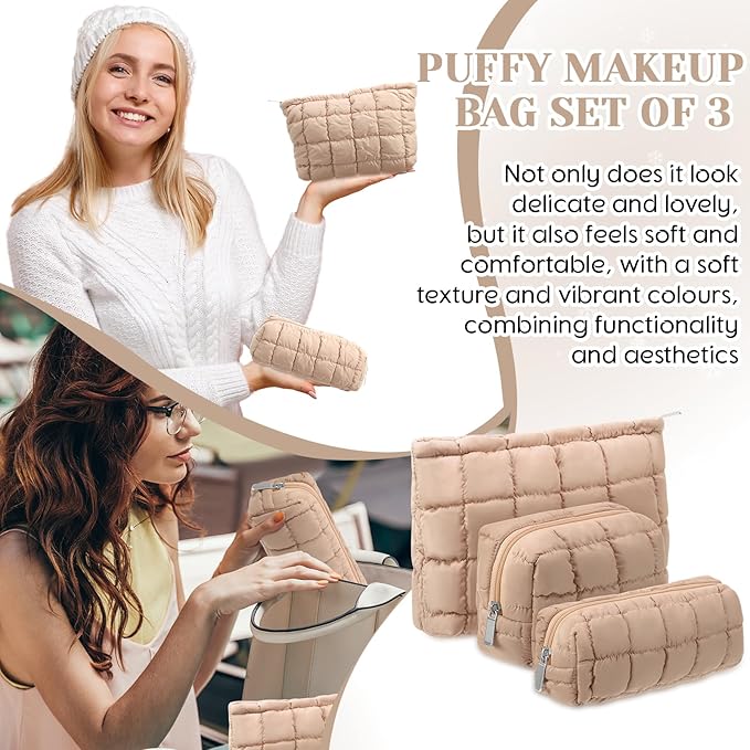 Huhumy 3 Pcs Puffy Makeup Bag Quilted Cosmetic Pouch for Women Cute Checkered Travel Toiletry Bag Puffer Makeup Organizer Purse Pouch Preppy Pencil Case with Zipper