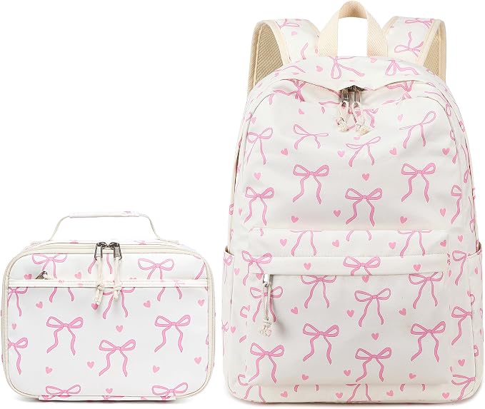 LOIDOU Backpack for Teen Girls Bookbags School Backpack with Lunch Box 2 in 1 School Bags Set (Bow Tie Beige)