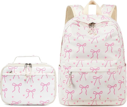 LOIDOU Backpack for Teen Girls Bookbags School Backpack with Lunch Box 2 in 1 School Bags Set (Bow Tie Beige)