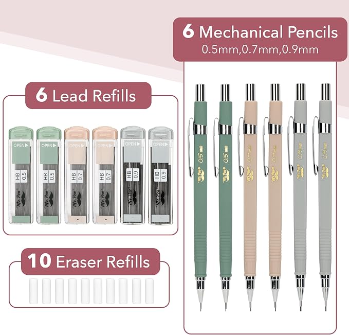 Mr. Pen- Mechanical Pencil Set with Lead and Eraser Refills, 6 Pack | 3 Sizes, 0.5mm, 0.7mm, 0.9mm, Sketching Pencils, Drafting Pencil, Drawing Mechanical Pencils