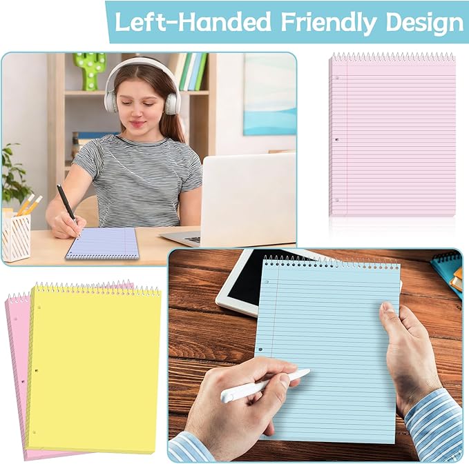 10 Packs 8.5 x 11 inch Top Spiral Notebook with 3 Hole Punched Legal Pads 40 Sheets College Ruled Notepad Hard Cardboard Paper Wirebound Pads for Business School Office Home Supplies (Pastel)