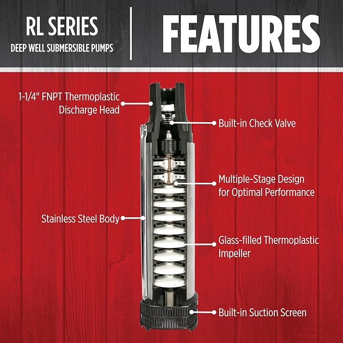Red Lion RL12G05-2W1V Submersible Well Pump, 1/2 HP, 2-Wire, 115V, 12 GPM | For 4" or larger wells, Dependable performance for depths to 120', Steel casing with thermoplastic discharge, 14942401
