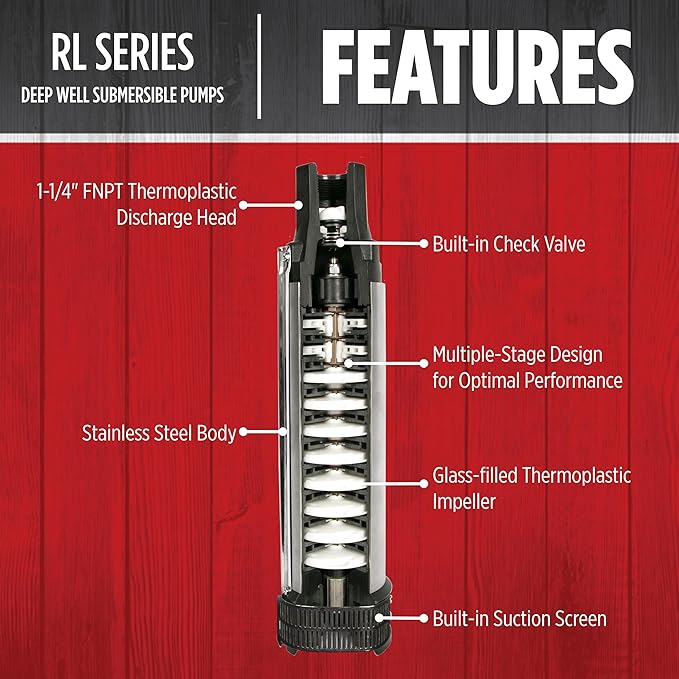 Red Lion RL12G10-3W2V Submersible Well Pump, 1 HP, 3-Wire, 230V, 12 GPM