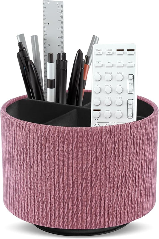 Round Leather Art Supply Organizer,Remote Control Holder,360 Degree Spinning,Multi-Functional Pencil Holder,4 Compartments Desktop Stationary Organizer(1-Wood Pink)