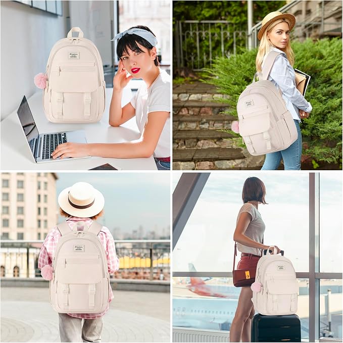 WINDARS School Backpack for Teen Girls, Cute College Backpacks for Women Students Aesthetic Bookbag Large 15.6 Inch Laptop Bag Middle School Travel Back Pack (Beige)
