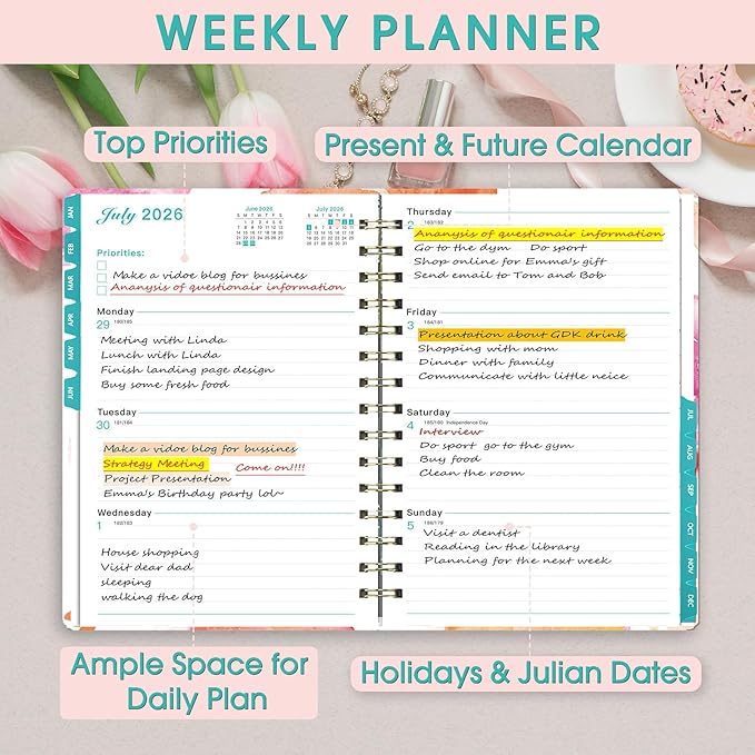 Ymumuda 2026 Planner, Daily Weekly and Monthly Planner，Jan 2026 - Dec 2026, 8.4" x 6.3", 2026 Calendar Planner Book with Tabs, Spiral Notebook with Inner Pocket for Office Home School Supplies