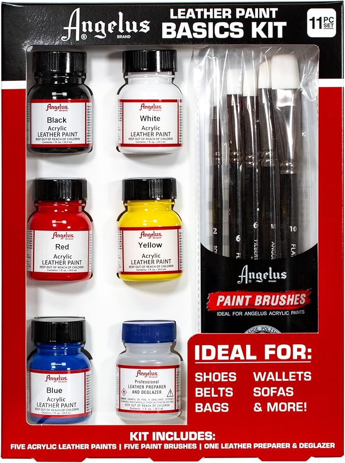 Angelus Leather Paint Basics Kit – Acrylic Leather Paint Set with 5 Colors (1 oz. each), Preparer & Deglazer and Paintbrushes