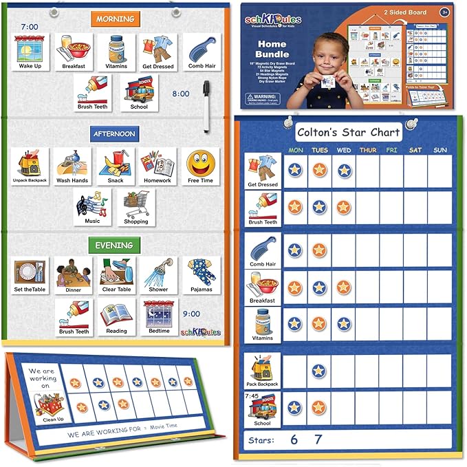 SchKIDules 2-Sided Magnetic Visual Schedule for Kids (Home Bundle) | Daily Routines, Chore/Reward Charts, ADHD Help | Includes 18” Folding Reversible Board, 129 Magnets & Dry Erase Marker