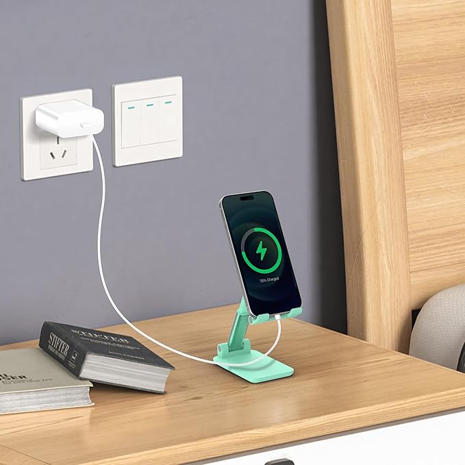 Cell Phone Stand, Adjustable Angle and Height Cell Phone Holder for Desk, Foldable and Portable, Anti-Slip Silicone Pad, Compatible with All Mobile Phones and 4-8 Inch Devices, Green