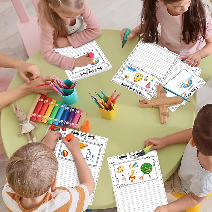 Motiskyy 100 Sheets Kindergarten Draw and Write Paper with Picture Space and Lines for Kids Abc 8.3 x 11.7 Inches Story Paper Bulk for Handwriting Practice Primary Creating Write Beginner School