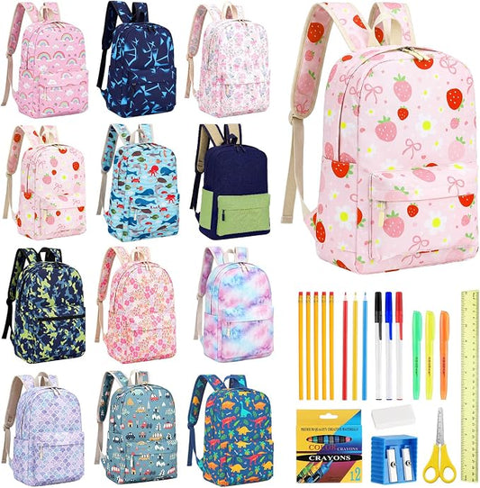 17'' Backpacks Bulk with Supplies Stationery Kits, Printed Bookbags and Writing Accessories Kit for Donation(Cute,12 Pack)