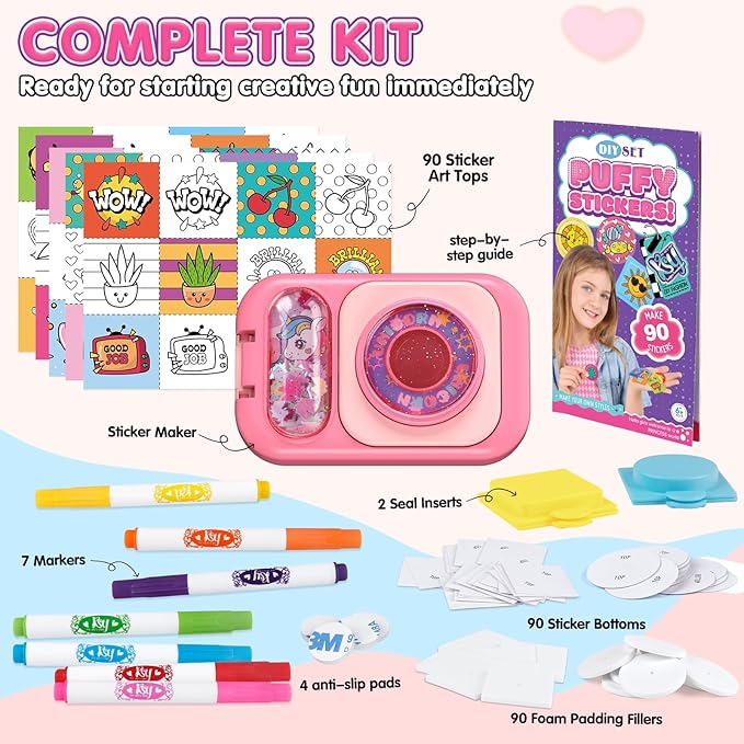 Puffy Sticker Maker for Kids — Make Your Own 3D Stickers, 90-Piece DIY Craft Kit with Unicorn Machine, Arts and Crafts for Girls Boys Ages 6-10, Screen-Free Birthday Gift