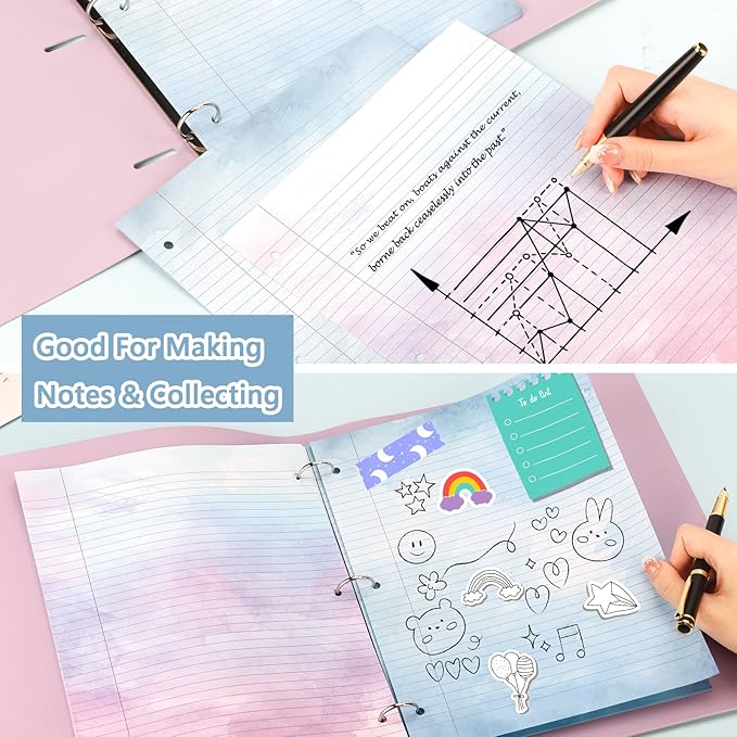 200 Sheets Letter Size Colored Loose Leaf Paper College Ruled For 3-Ring Binder 8.5" × 11" Colored Lined Filler Notebook Paper College Ruled Notepad 3-Hole Punched Watercolor 80gsm For School Office