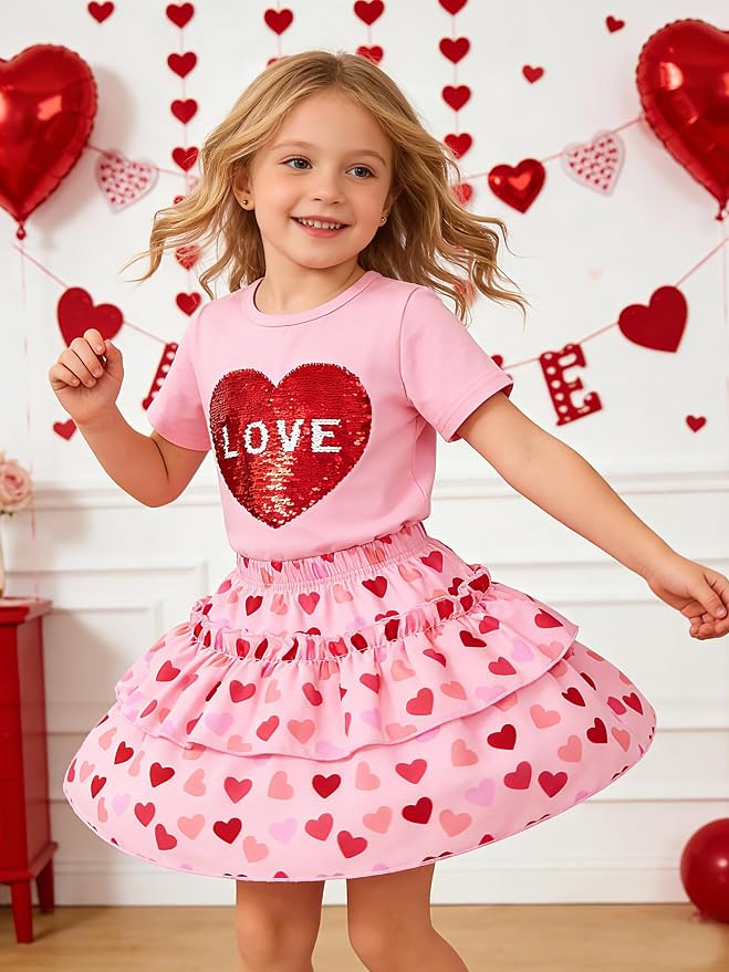 Little Girls Skirt Set - 2 Piece Short Sleeve Top Shirred Tiered Skirt Outfit Girls Spring Summer Clothes 3-8 Years