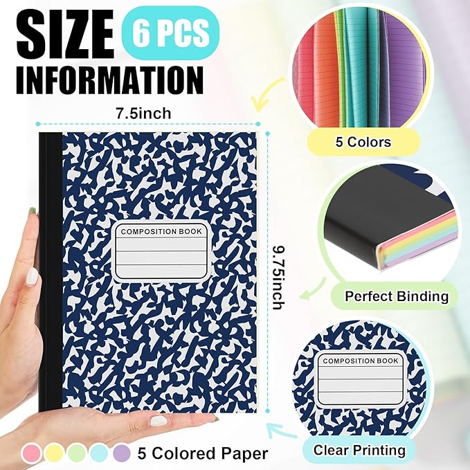 Henoyso 6 Pcs 120 Pages Colored Paper Notebooks 9.75 x 7.5 Bright Colors Lined Paper Notebook Wide Ruled Marble Notebooks Journals Bulk for Office School Supplies(Deep Blue Cover)