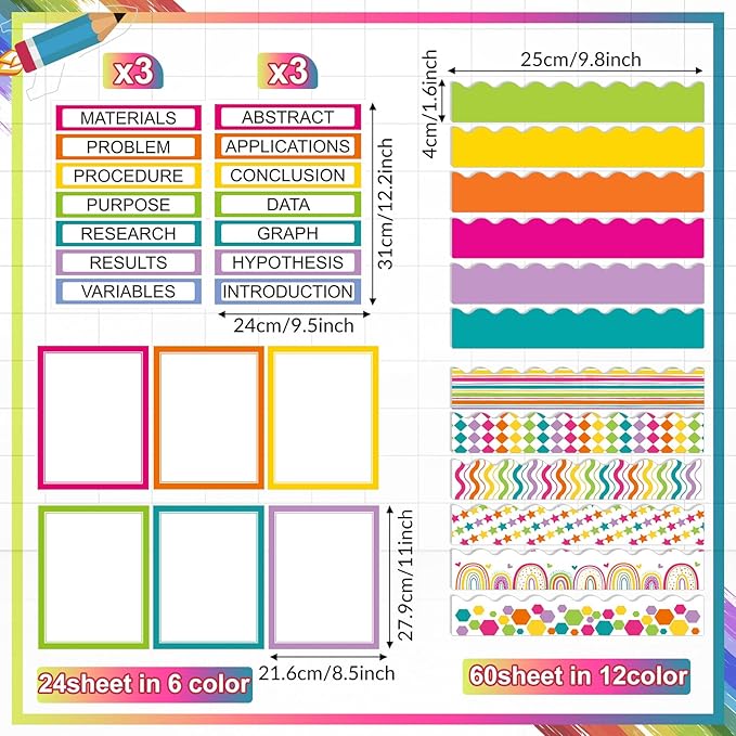 Fuyoooo 90 Pcs Science Fair Board Supplies 60 Trim Scalloped Bulletin Board Borders 24 Presentation Board Subtitles 6 Science Fair Titles for Classroom Display Boards(Colorful)
