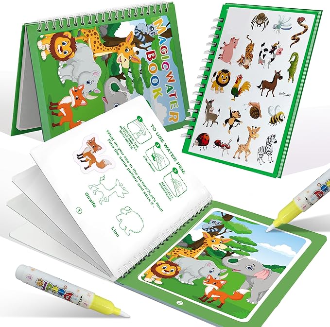 Reusable Water Coloring Books for Toddlers 1-3 with 18+ Stickers & No-Mess Pen, Animal Theme Water Coloring Books for Toddlers 1-3, Magic Paintless Painting Book for Toddler, Paintless Painting Book