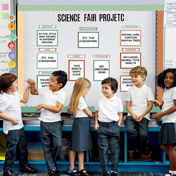 Sinload 92 Pcs Science Fair Board Supplies 60 Trim Scalloped Poster Boards 18 Presentation Subtitles 6 Project Titles 8 Letter Sticker for Classroom Display Boards(Boho Color,Wave)