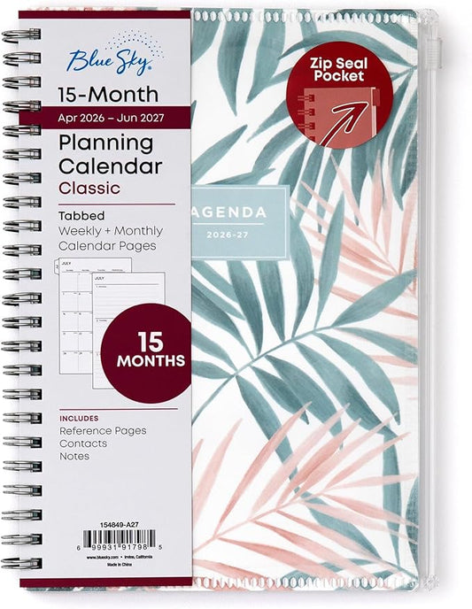 Blue Sky 2026-2027 Weekly and Monthly Academic Year 15 Month Planner Calendar, April 2026 - June 2027, 5" x 8", Flexible Cover With Zip Pouch, Wirebound, Storage Pocket, Seychelle