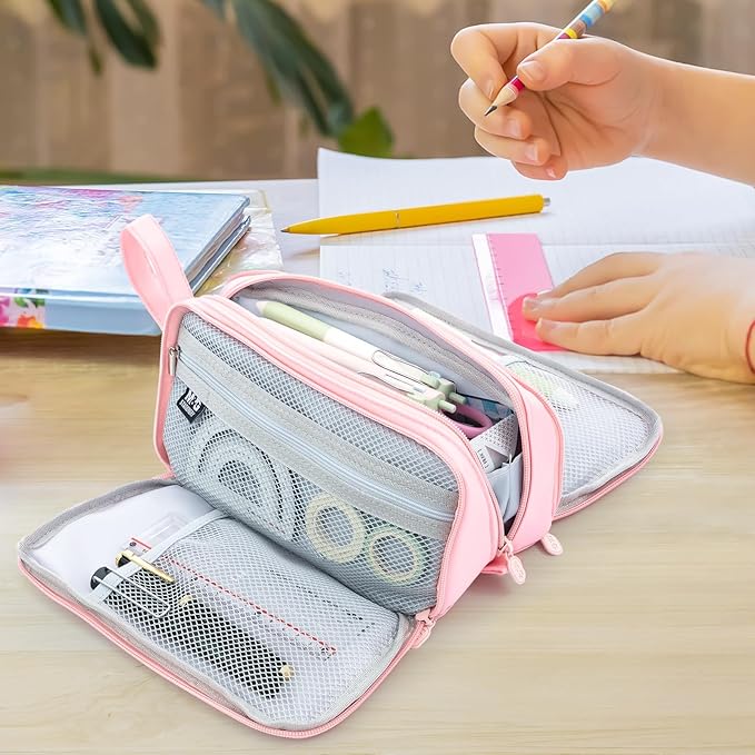 M&G Large Pencil Case, Big Capacity Pencil Pouch with 3-layer Compartment, Portable Handheld Pencil Bag, Cute School Stationery Organizer for Boys Girls Men Women, Ideal for Office School, Pink