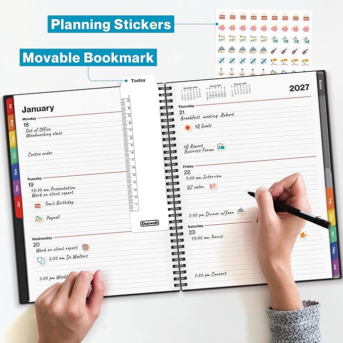 Dunwell Planner 2026-2027 8.5x11, July 2026 to June 2027, Weekly and Monthly Academic Year Planner Calendar, Flexible Cover, Wirebound, Laminated Tabs