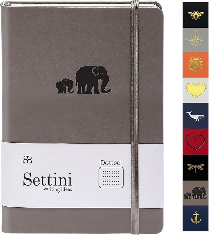 SETTINI Dotted Journal, Ideal for Bullet Journaling - A5 Vegan Leather Notebook, 192 Archival-Quality Pages, QuillEase Bleed-Free Paper, Inner Pocket & Bookmark - Elephant Gifts, Grey Elephants