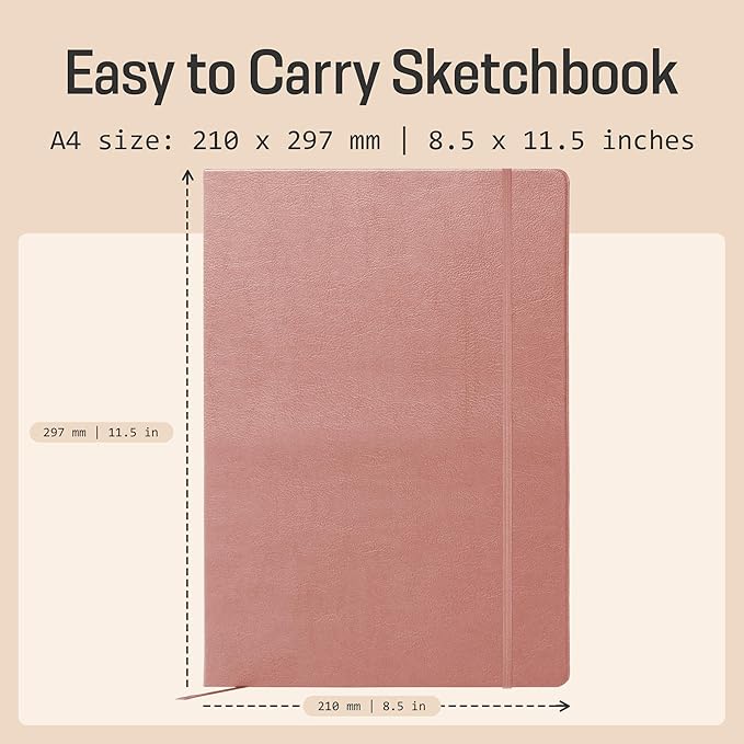 BROWNSTONE JOURNALS A4 Sketch Book Hardcover - 80 Sheets 100 GSM Paper 8.5"x11.5", Lay Flat, Vegan Leather Cover, Elastic Band, Back Pocket, Art Drawing Book (Rose Wood)